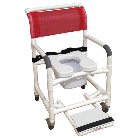 MJM International Wide Deluxe Shower Chair With Soft Seat Deluxe Elongated, Sliding Footrest, Sqaure Pail And Total Lock Casters