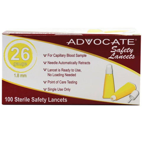 ADVOCATE Safety Lancets 26G x 1.8mm 100/bx